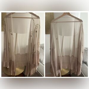Vtg Cream Sheer  Crochet Bohemian Kimono One Size Flecked Festival Fairy Beaded
